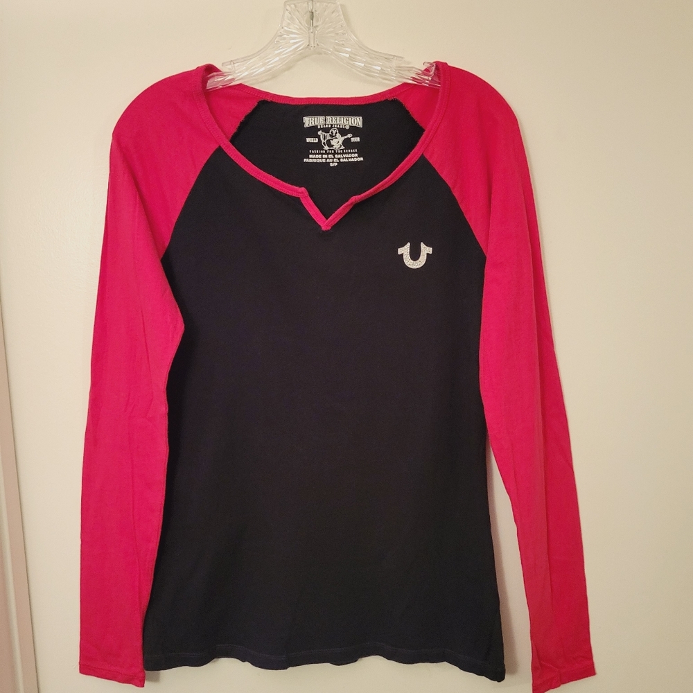 True Religion Black & Red/Pink Jeweled Logo Long Sleeve Tee, Size S